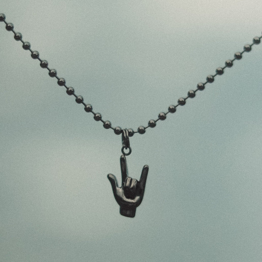ILY hand sign necklace, up close main